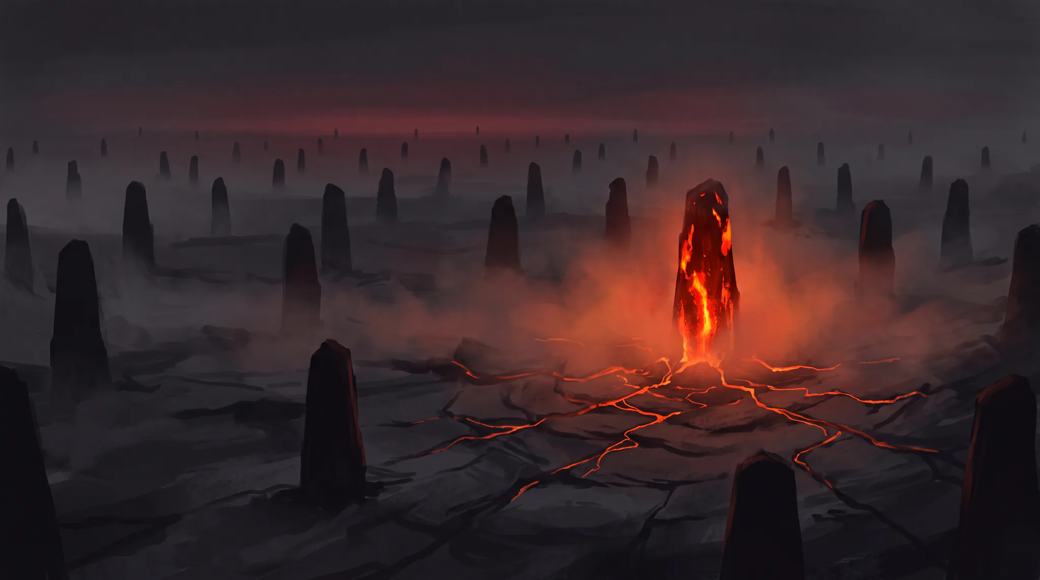 Gouache illustration of dark standing stones with one monolith glowing ember orange among them