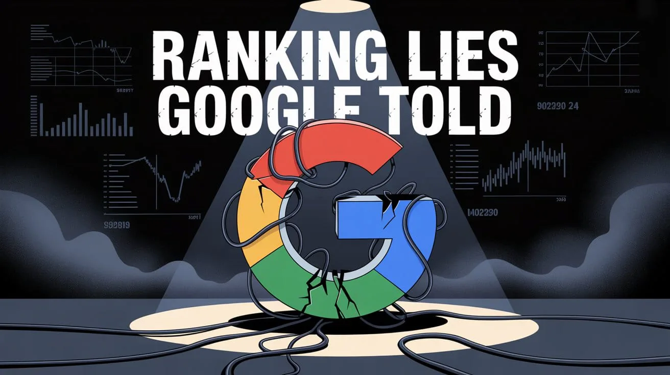 Google’ın sıralama açıklamalarını sorgulayan başlığın altında çatlamış Google logosu