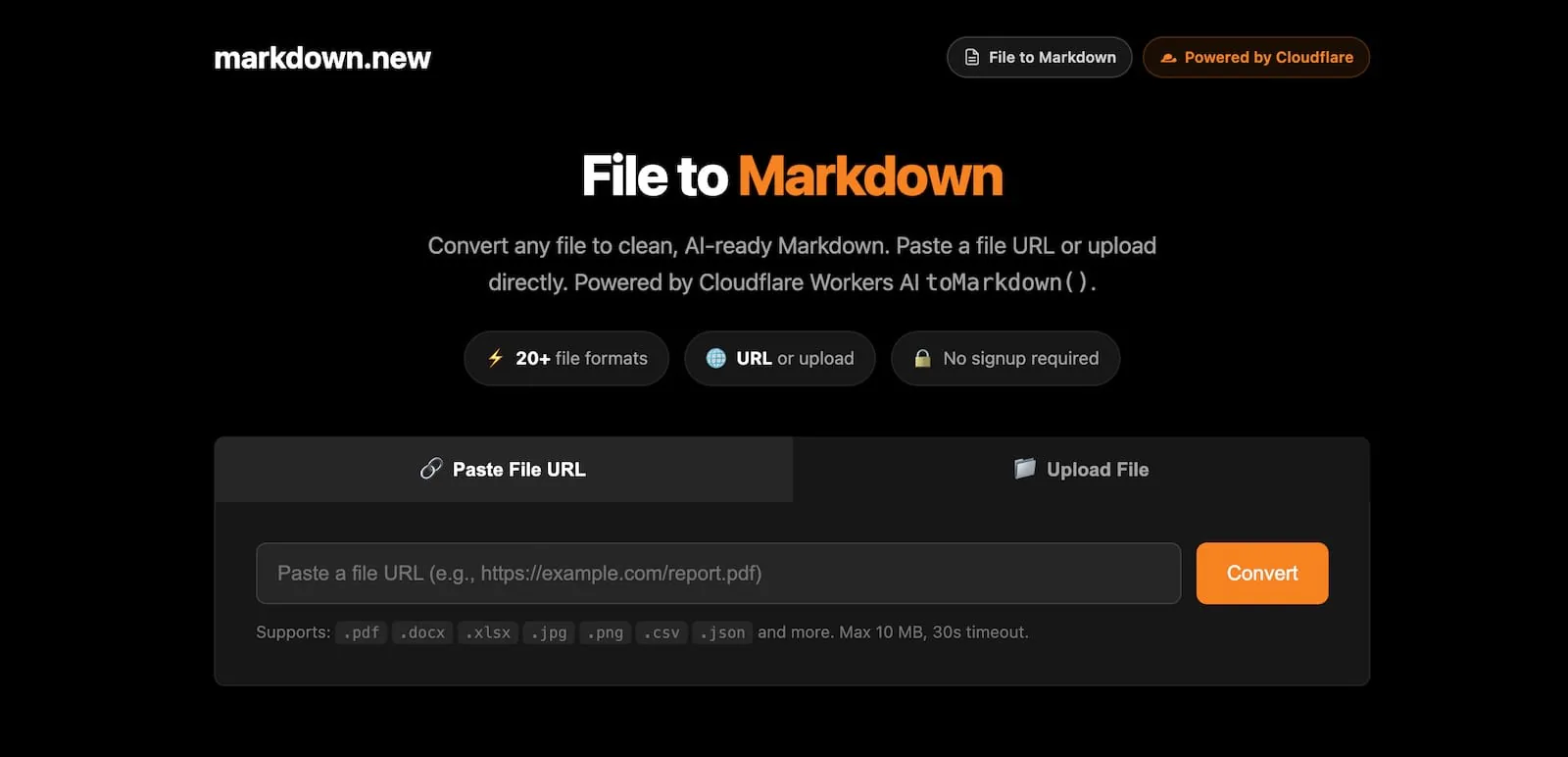 Dosya yükleme ve Markdown çıktı panelleriyle markdown.new dönüştürücüsü