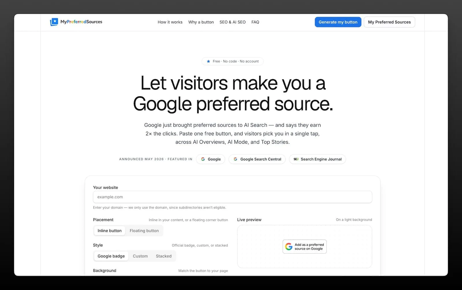 Google Tercih Edilen Kaynak rozeti oluşturan mypreferredsources.com aracı