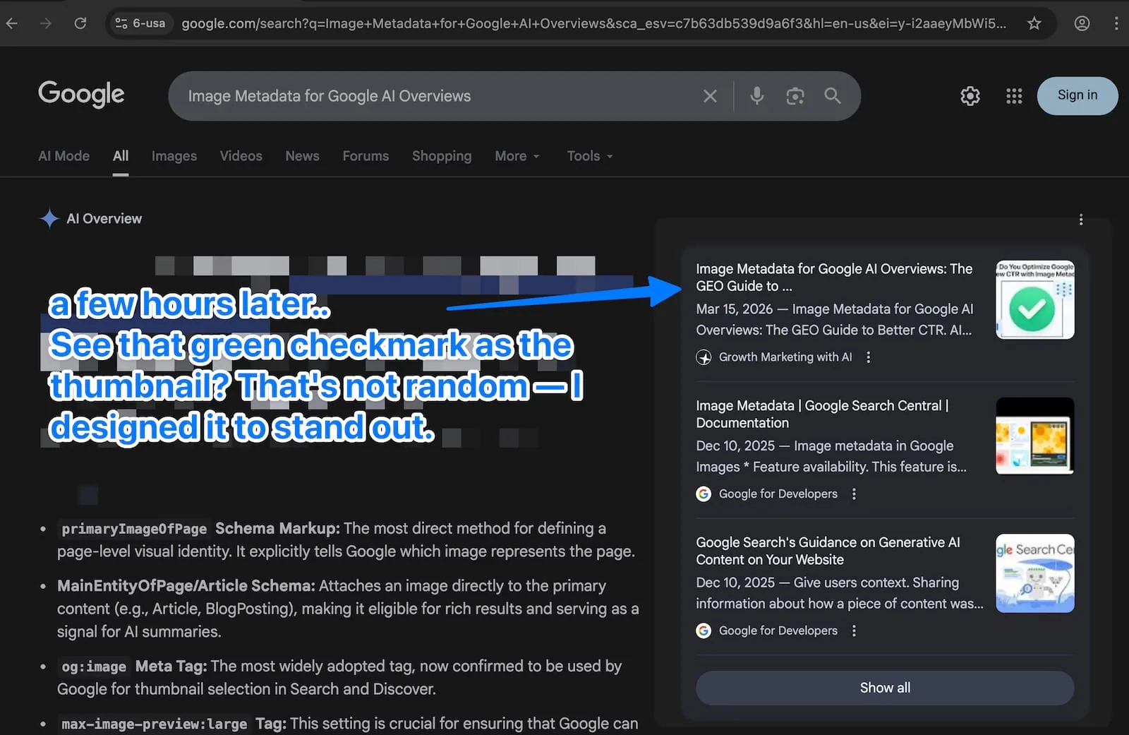 AI Overview sonucunda yazının onay işaretli görselinin kaynak küçük resmi olarak seçilmesi