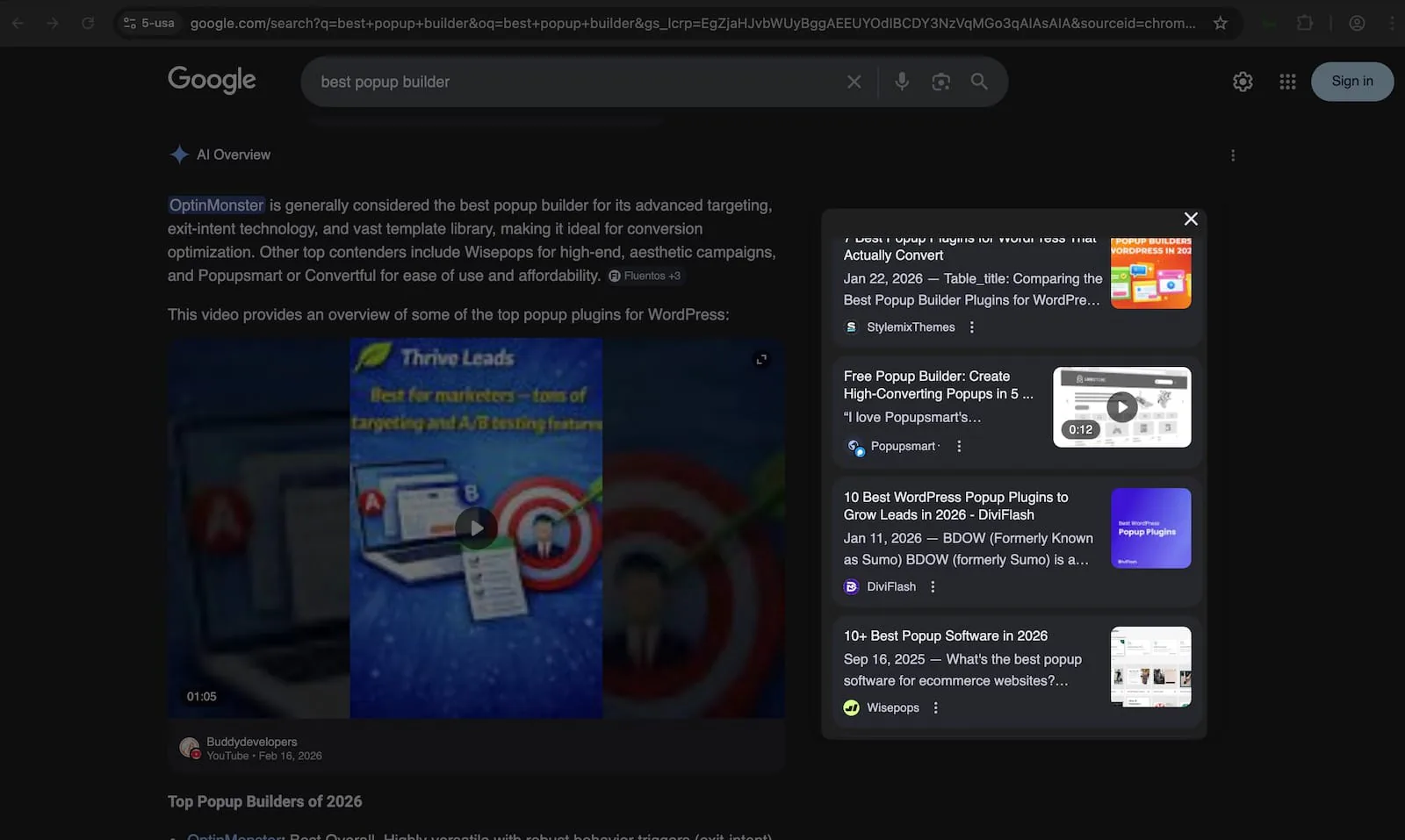 Popup oluşturucu sorgusunda kaynak görselleri bulunan Google AI Overview sonucu