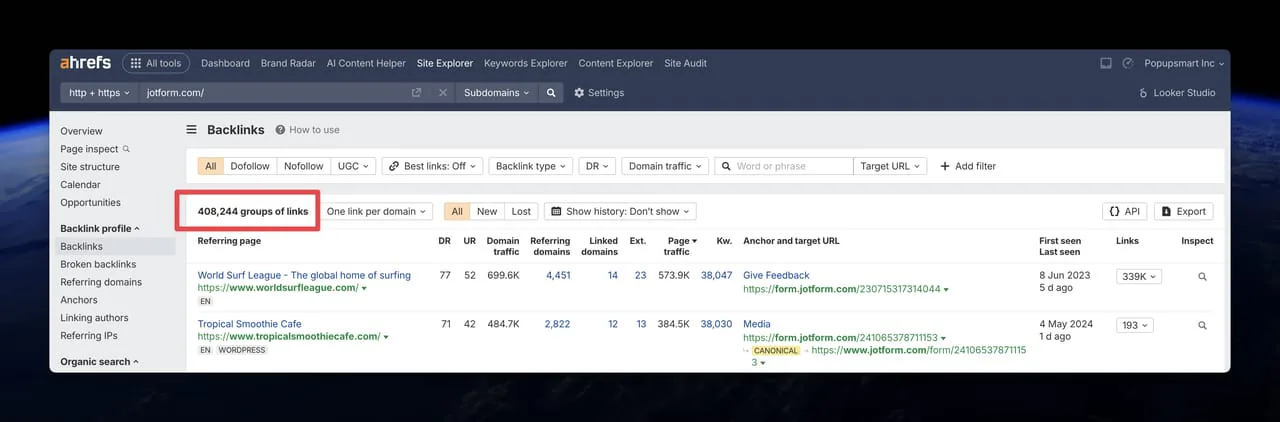 Jotform'a gelen 408 bin bağlantıyı gösteren Ahrefs backlink profili