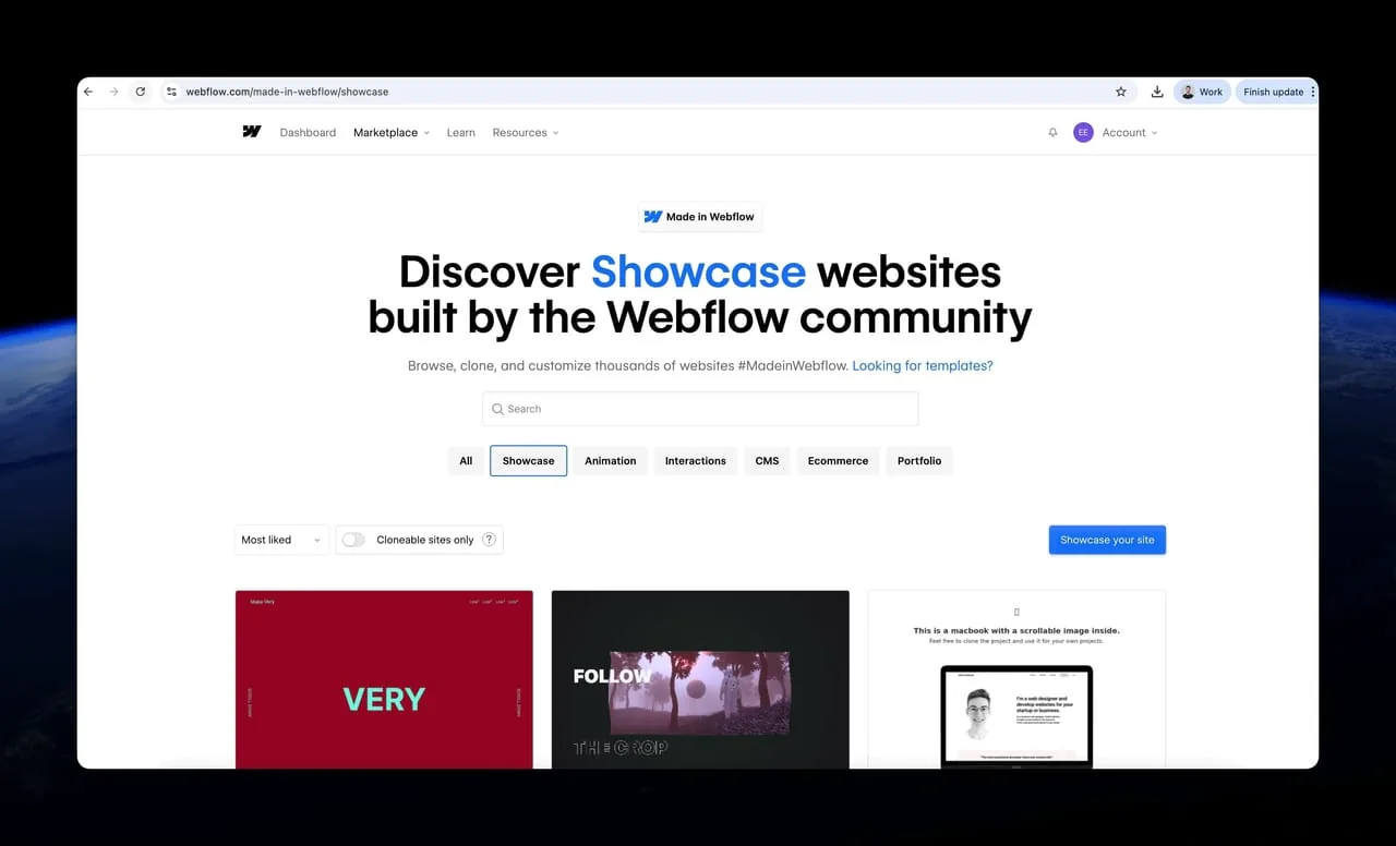 Ana sitenin alt dizininde barındırılan Webflow müşteri vitrini sayfası