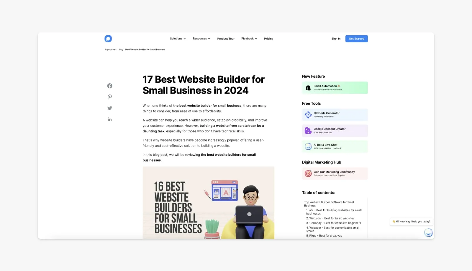 Küçük işletmeler için site oluşturucuları karşılaştıran Popupsmart yazısı