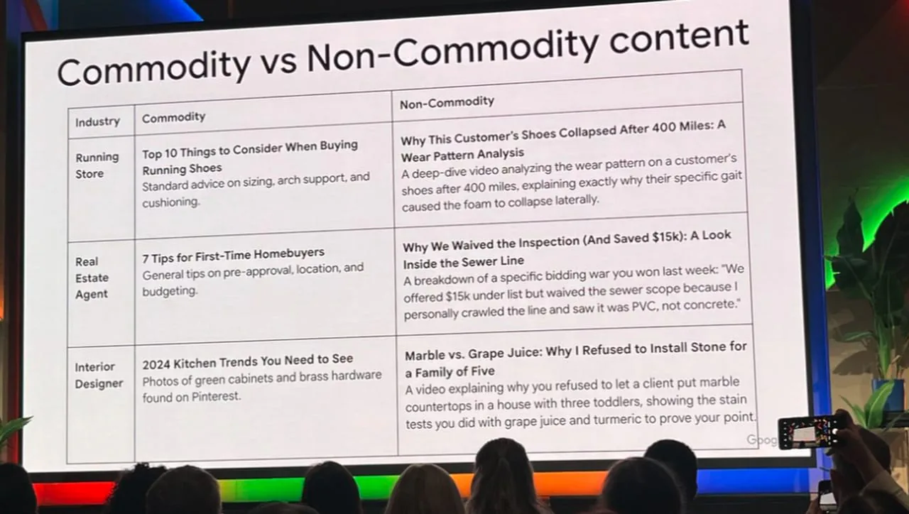 Google slide comparing commodity and non-commodity content