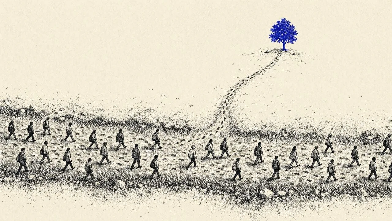 People following a path toward a distinct source as an information-gain metaphor