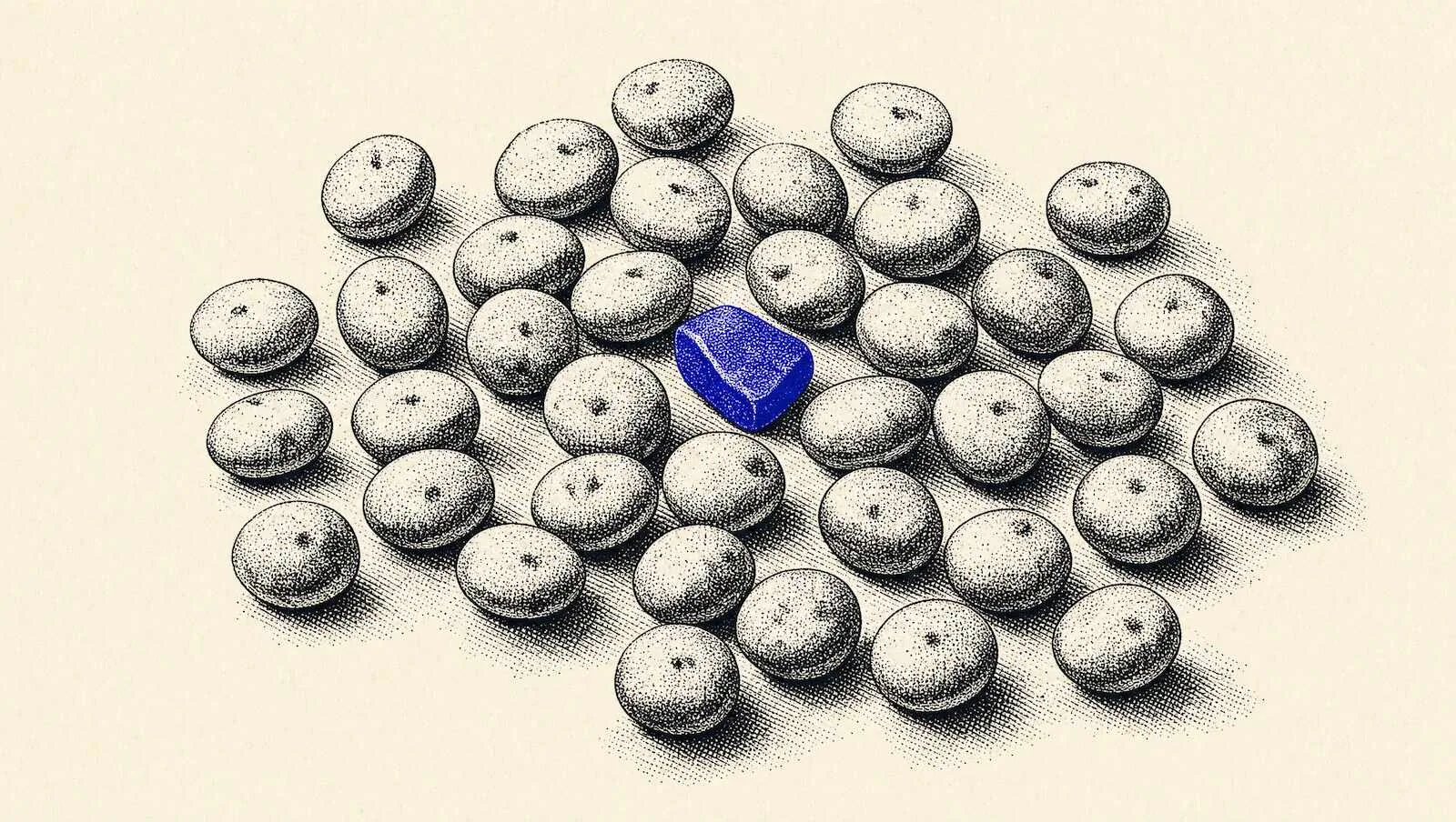 Commodity-content test with one distinct blue item among repeated objects