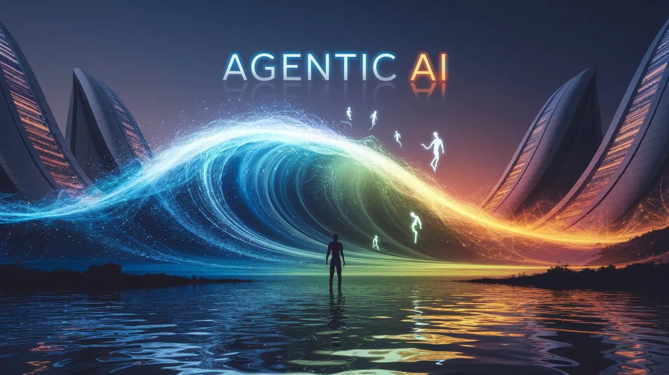 İnsan figürünün otonom sistem dalgasına baktığı agentic AI çizimi