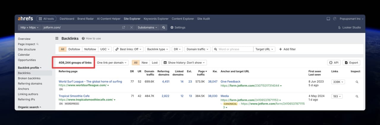 Jotform total backlinks profile ahrefs